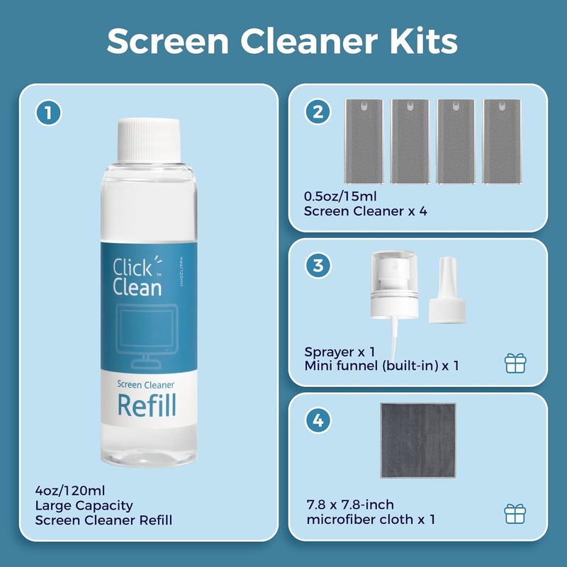 CLICK CLEAN Screen Cleaner Kits - 4 All-in-One Mist Cleaner with 4 oz Refill, 1 Microfiber Cloth(7.8 x 7.8in), 1 Mini Funnel, and 1 Sprayer - for All Phones, Laptop and Tablet Screens - Image 4